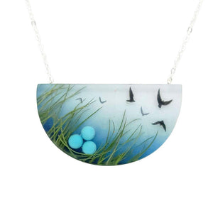 Necklace - Painted Nesting Birds with Green Grass by Fernworks