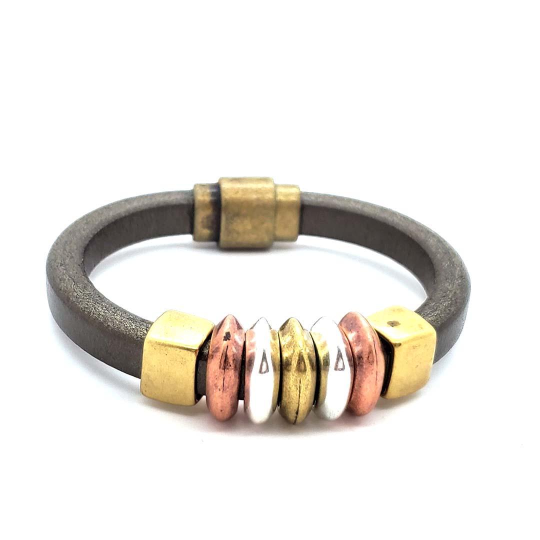 Bracelet - Edinburgh in Olive Champagne Leather with Mixed Metals by Diana Kauffman Designs
