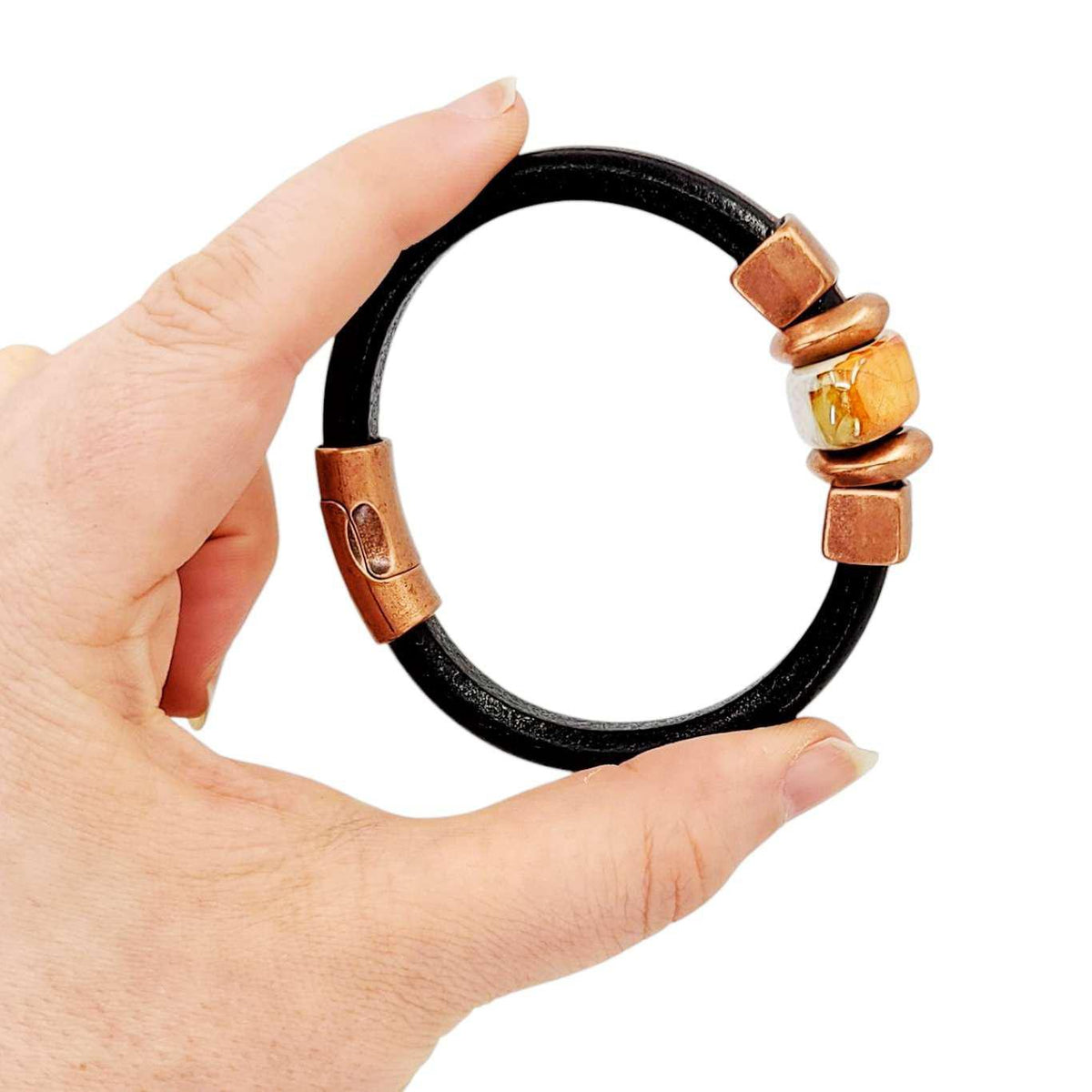 Bracelet - Midnight Sun (Black Leather, Copper, Ceramic) by Diana Kauffman Designs