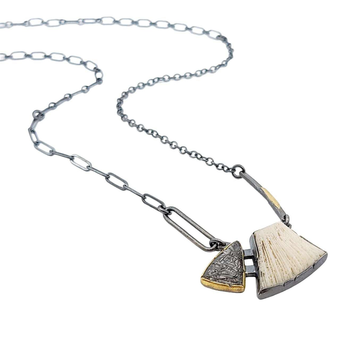 Necklace - Triangle Tourmalinated Quartz with Connected Coral Pendant by Janine DeCresenzo