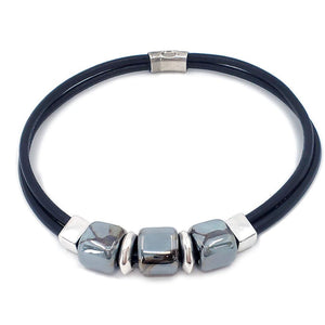 Necklace - Black Sea in Black Leather with Silver and Ceramic by Diana Kauffman Designs