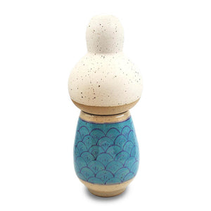 Kokeshi Small - White Hair Turquoise Scallops by Jennifer Fujimoto