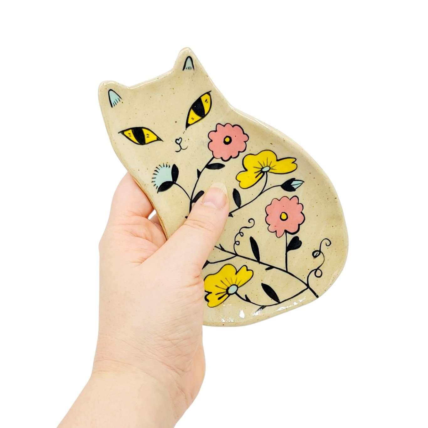 Ring Dish - Floral Cat (Yellow Eyes) by Erika Rier