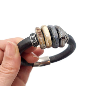 Bracelet - Sparrow in Black Leather with Silver and Ceramic by Diana Kauffman Designs