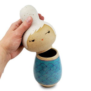 Kokeshi Small - White Hair Turquoise Scallops by Jennifer Fujimoto