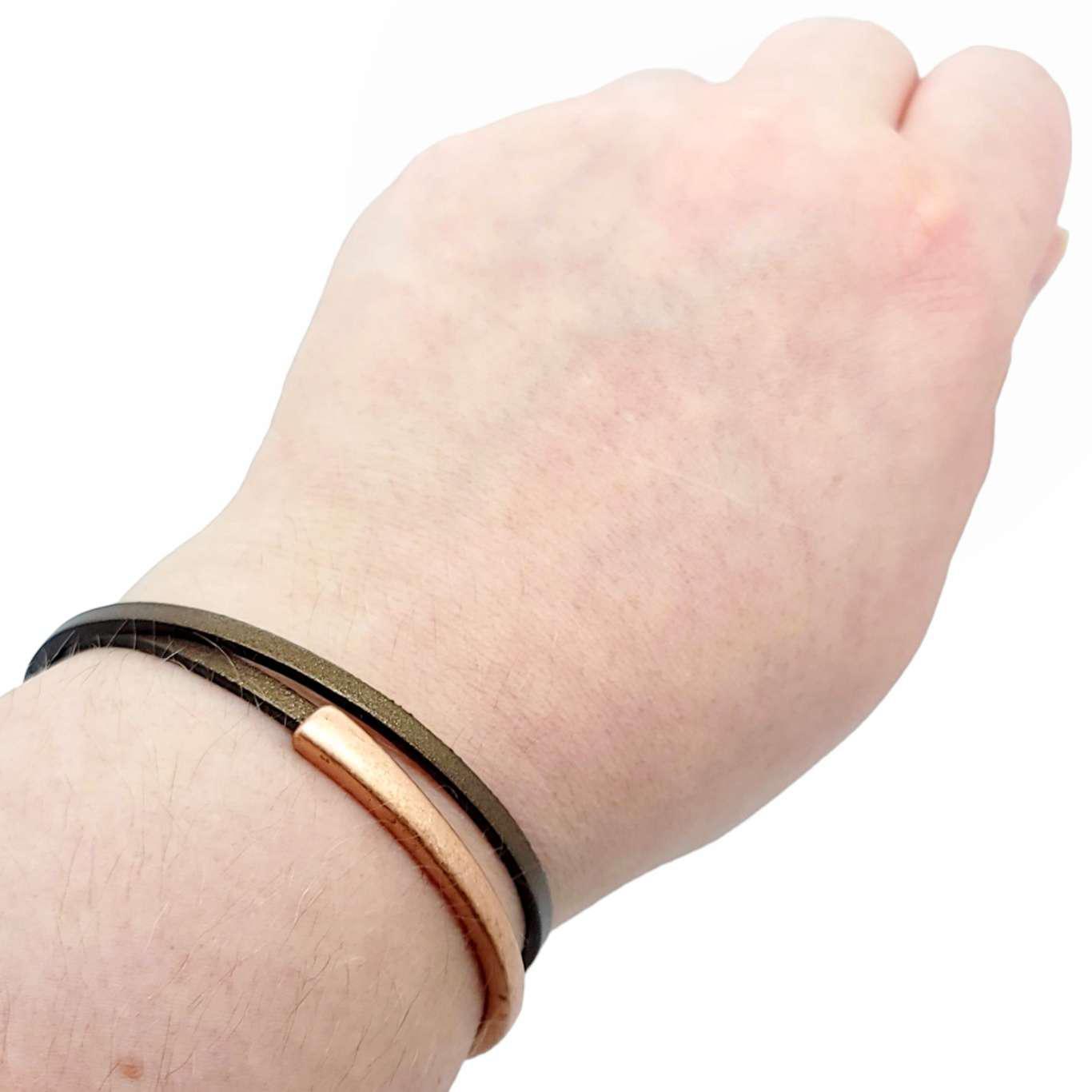 Bracelet - Skinny Breakaway in Olive Champagne Leather with Copper (7in) by Diana Kauffman Designs