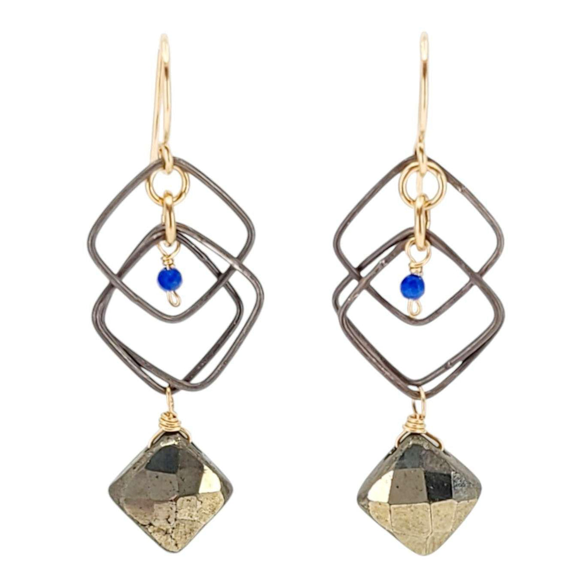 Earrings - Overlapped Floating Squares (Lapis Lazuli, Pyrite) by Calliope Jewelry