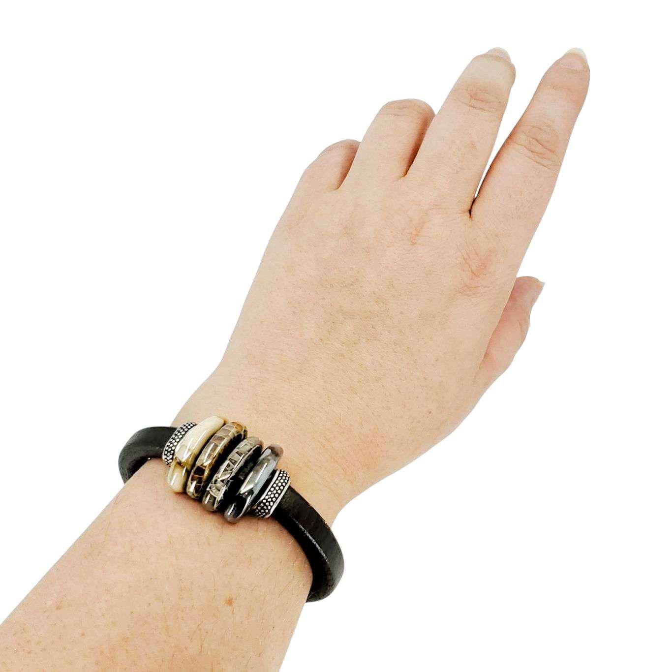 Bracelet - Sparrow (Brown Multi Ceramic, Black Leather, Silver) by Diana Kauffman