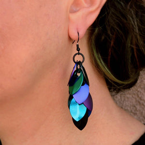 Earrings - Long Feather Cascade (Dark Mermaid Mismatched) by Rebeca Mojica