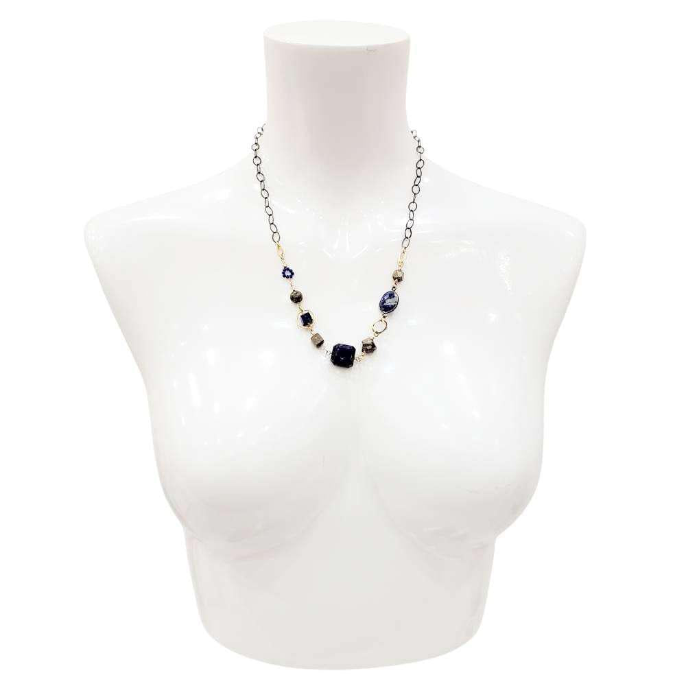 Necklace - Chunky Decorated Chain (Lapis Lazuli, Pyrite) by Calliope Jewelry