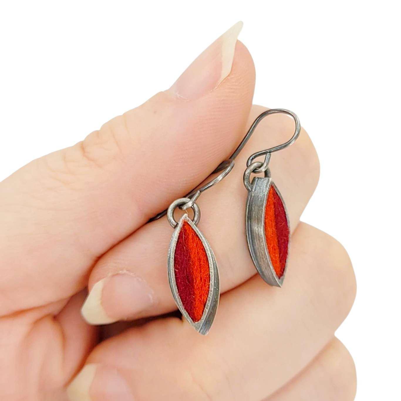Earrings - Small Single Leaf Drops (Cranberry Persimmon) by Michele A. Friedman