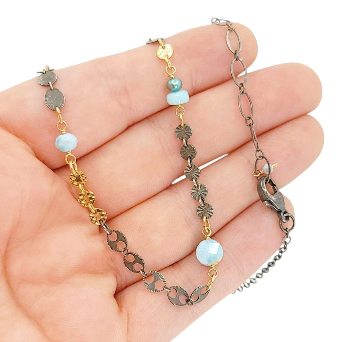 Necklace - Decorated Mixed Chain (Larimar, Aquamarine, Pearl) by Calliope Jewelry