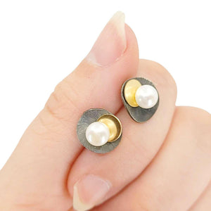 Earrings - Mixed Metal Dot Studs (Pearl) by Calliope Jewelry