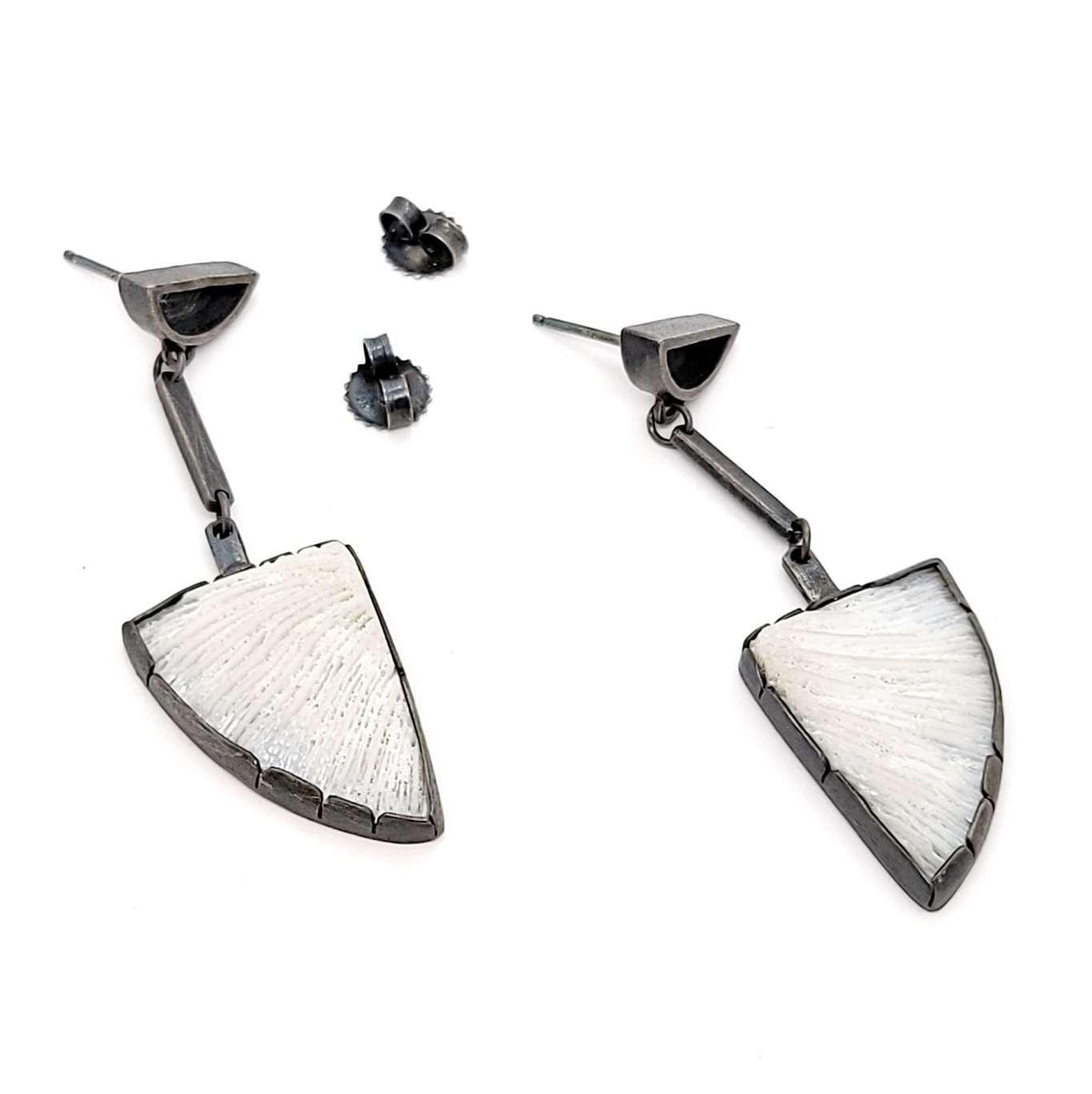 zEarrings - Angled Triangle Drops in Sterling Silver and Vintage Coral by Janine DeCresenzo