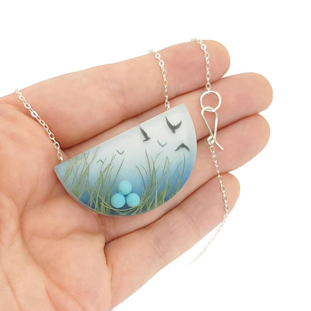 Necklace - Painted Nesting Birds with Green Grass by Fernworks