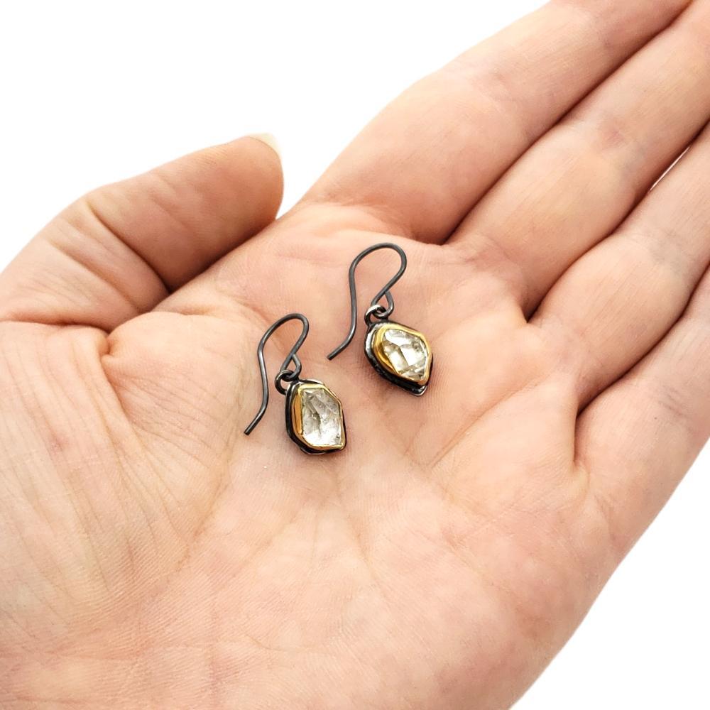 Earrings - Glacier Herkimer Single Drops in 22k Gold and Oxidized Sterling Silver by Stórica Studio