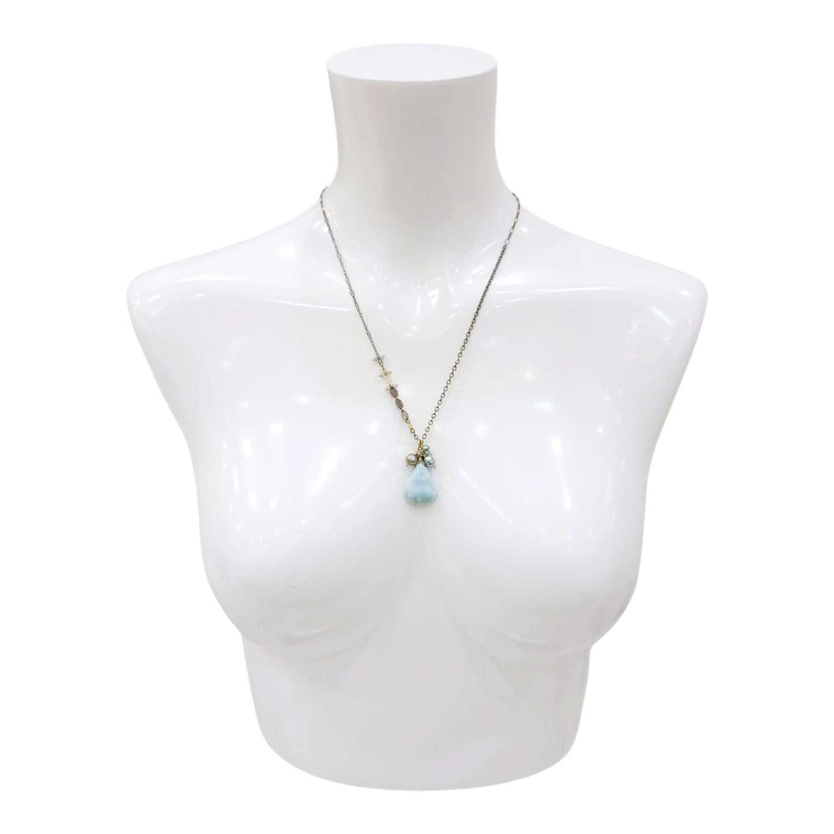 Necklace - Flower Cluster Large Gem Drop (Larimar, Pearl) by Calliope Jewelry