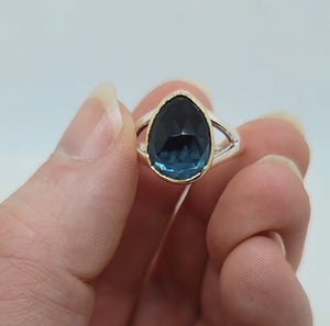 London Blue Topaz pear shaped, rose cut, set in 14k gold on a sterling silver open band Size 7 by Corey Egan at Bezel and Kiln Seattle WA