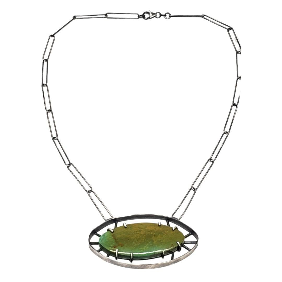 Necklace - Wayfinder Green Tyrone Turquoise Sterling by Three Flames Silverworks