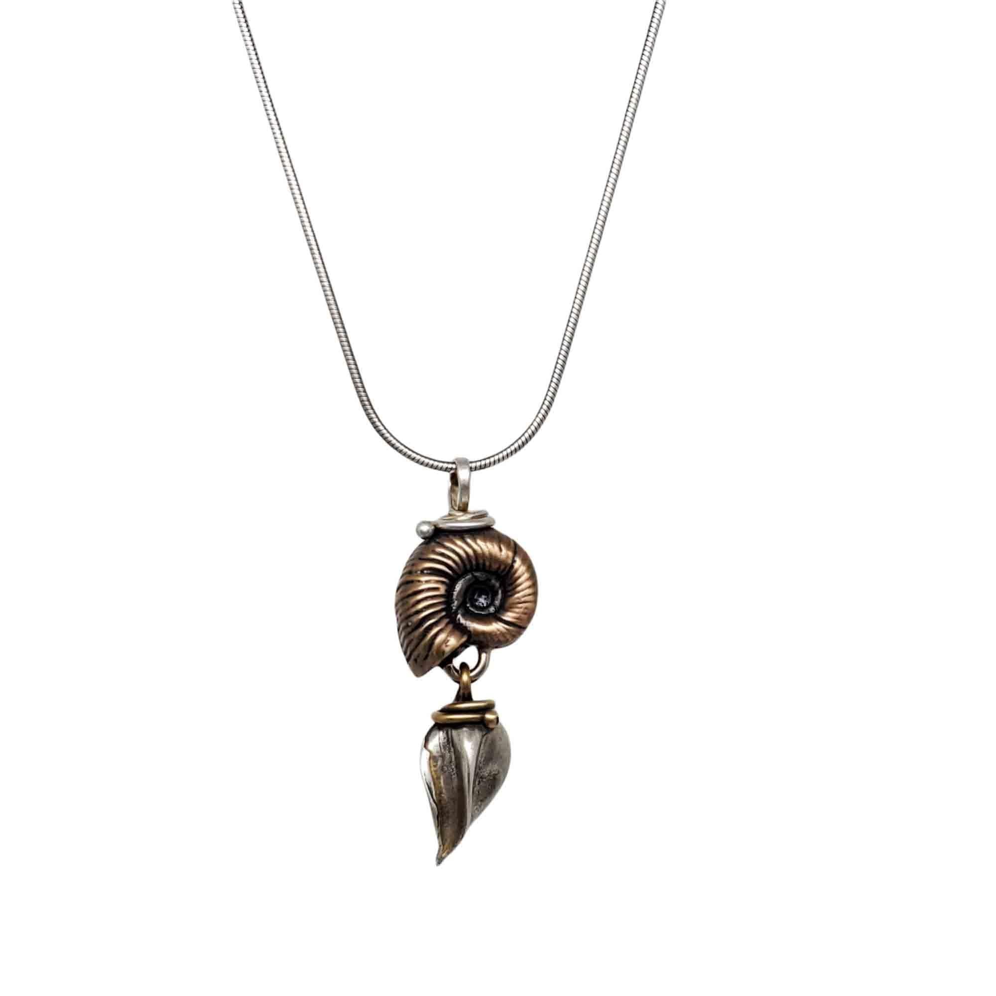 Necklace – Bronze Ammonite with Sterling Silver Seed Pod Pendant by Una Barrett