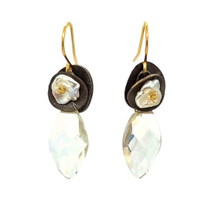 Earrings - Pearl and Silver Medallions with Quartz Almond Drops by Calliope Jewelry