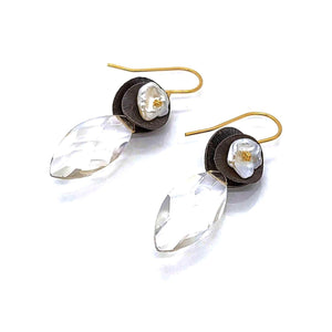 Earrings - Pearl and Silver Medallions with Quartz Almond Drops by Calliope Jewelry