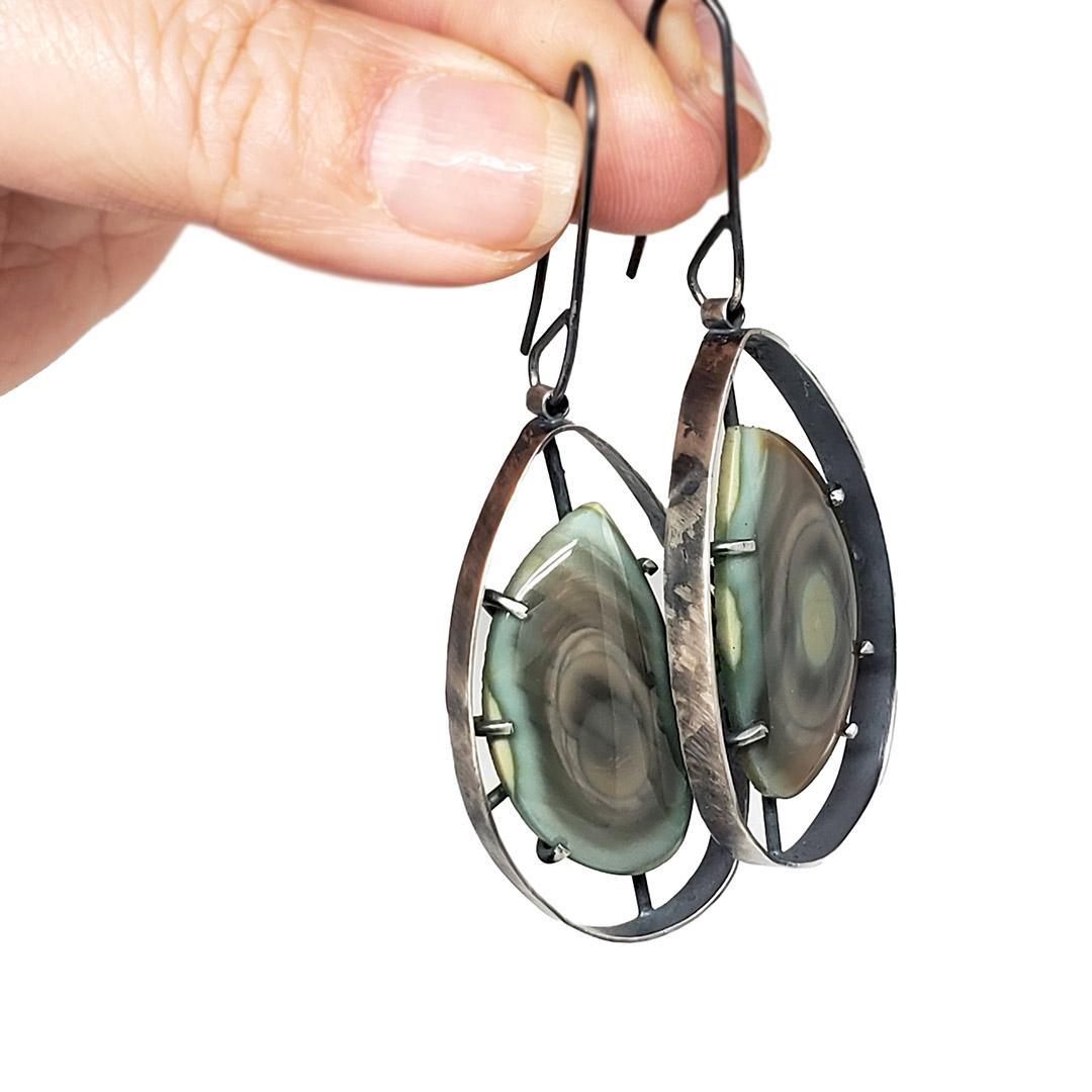Earrings - Wayfinder Green Pink Imperial Jasper in Oxidized Sterling by Three Flames Silverworks