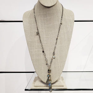 Necklace - Long Chain with Labradorite and Gray Moonstone Teardrop Cluster by Calliope Jewelry