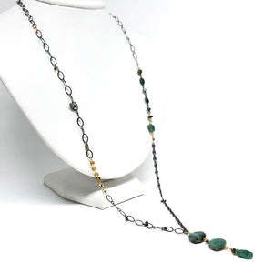 Necklace - Long Mixed Chain with Emerald Triple Drop by Calliope Jewelry