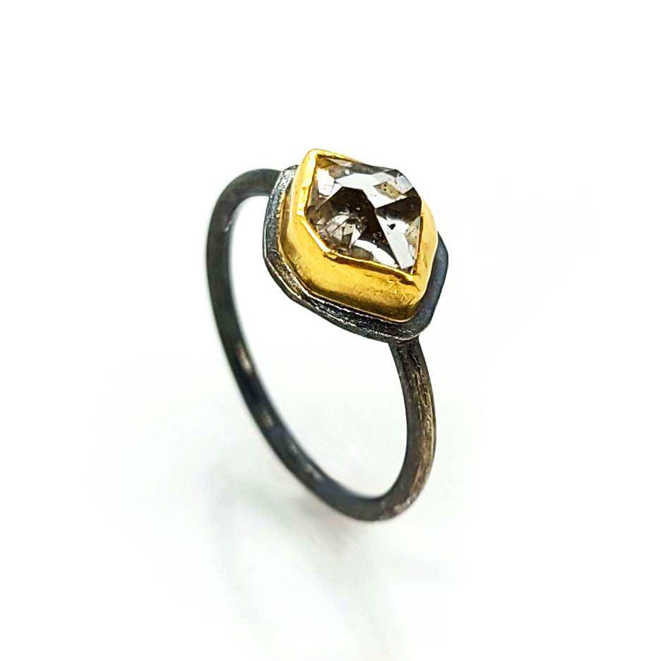 Ring - Size 8 (Custom Sizing Available) - Glacier Horizontal Herkimer in Oxidized Sterling Silver and 22k Yellow Gold by Stórica Studio