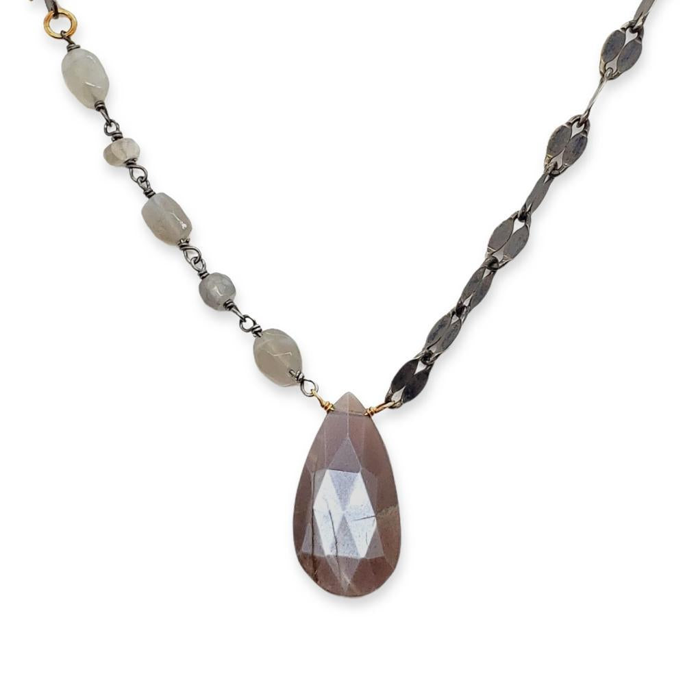 Necklace - Chocolate Moonstone Drop with Mixed Chain by Calliope Jewelry