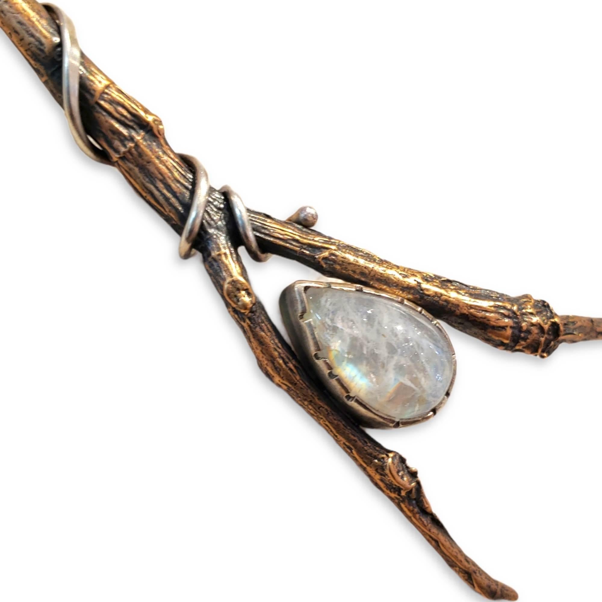Necklace – Rainbow Moonstone Tulip Poplar Branch by Una Barrett