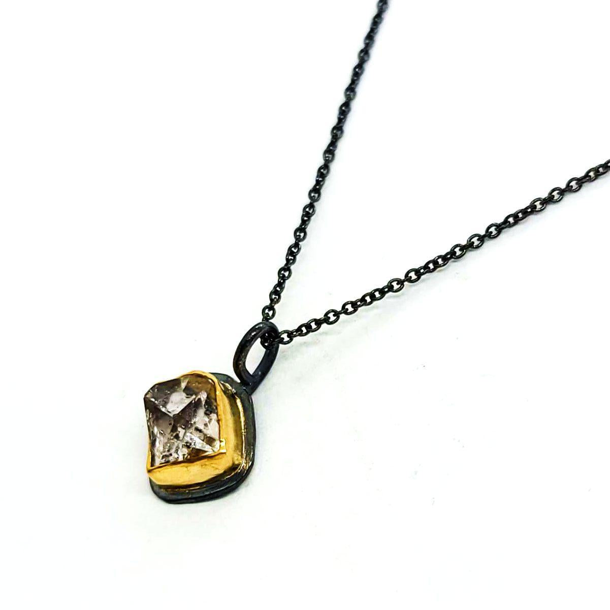 Necklace - Glacier Single Vertical Herkimer in 22k Yellow Gold and Oxidized Sterling Silver by Stórica Studio