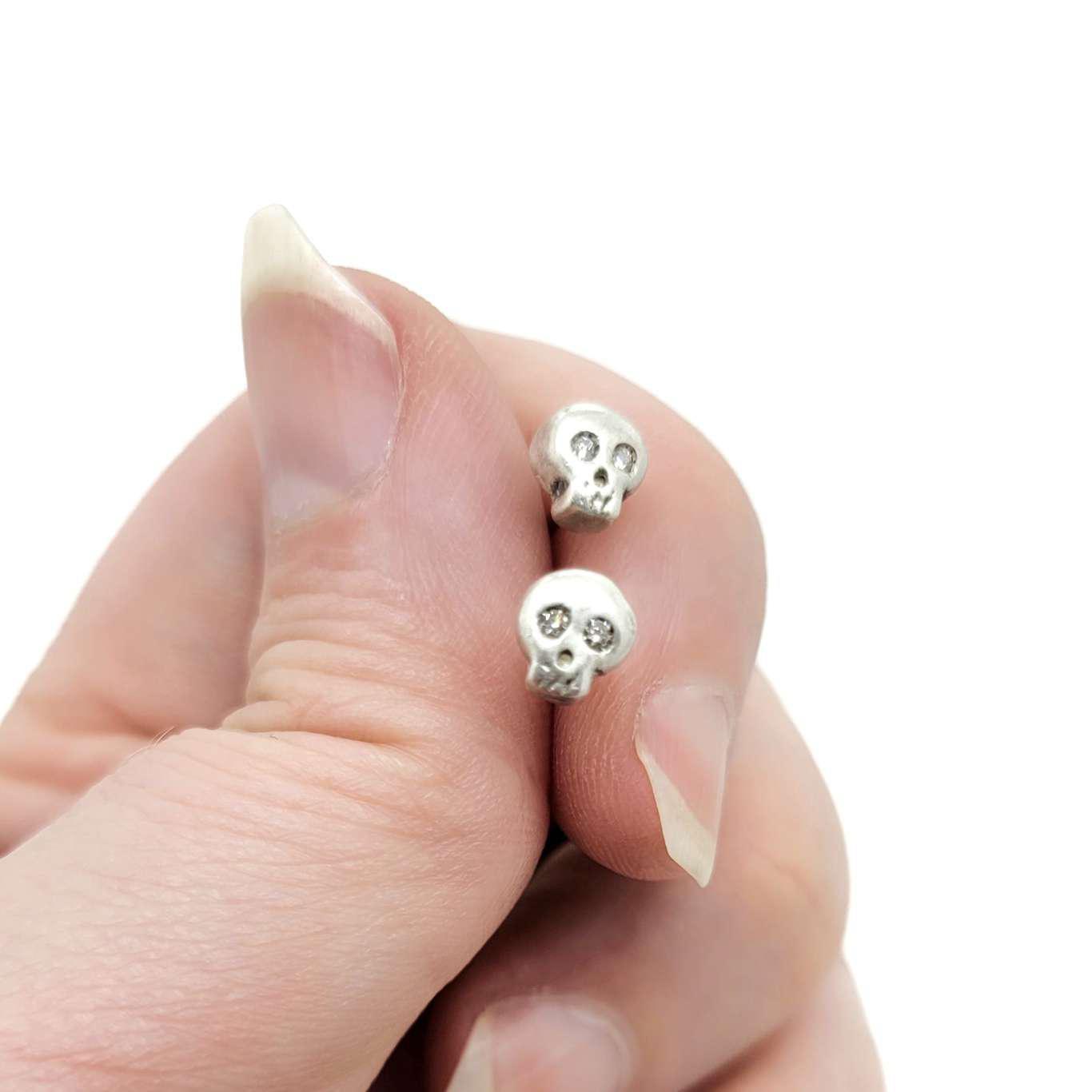 Earrings - Diamond-Eyed Tiny Skull Studs in Sterling Silver by Michelle Chang
