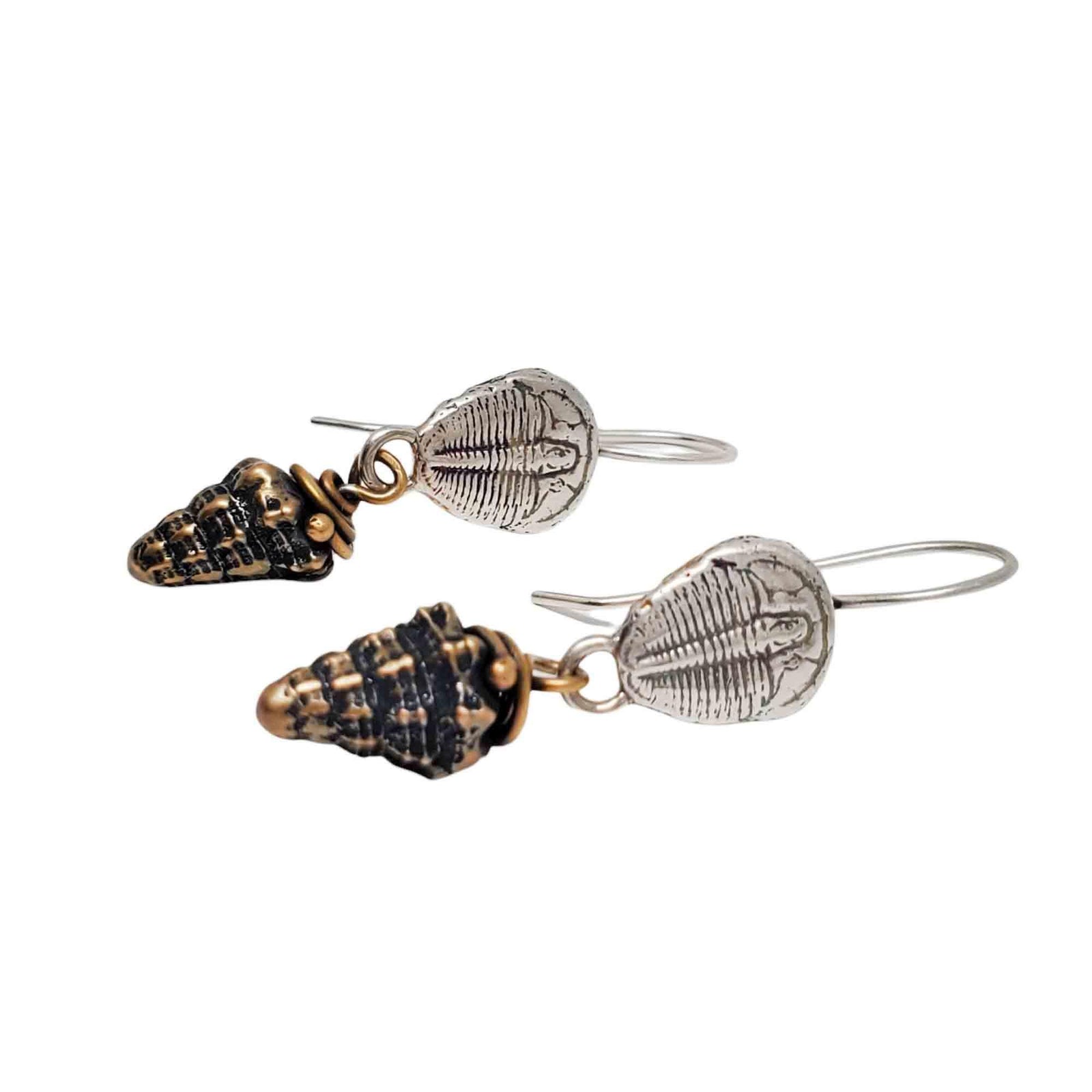 Earrings – Sterling Silver Trilobite Drops with Bronze Shell by Una Barrett