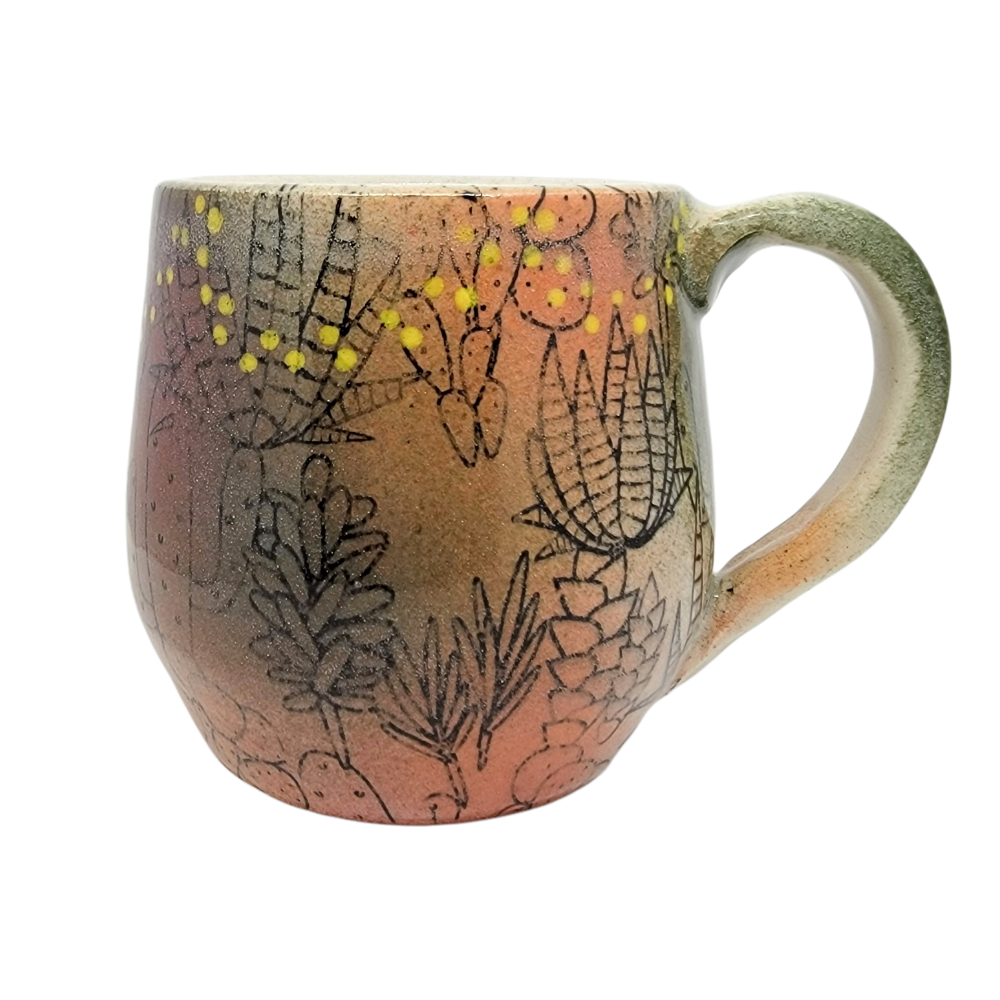 Mug – Cacti on Orange and Green with Yellow Dots by Clay It Forward