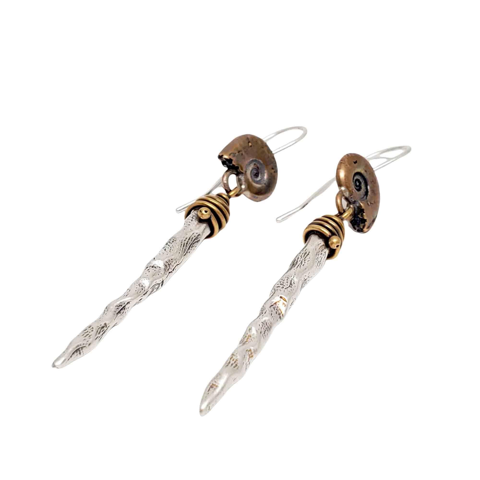 Earrings – Bronze Ammonite Drops with Sterling Silver Spike by Una Barrett