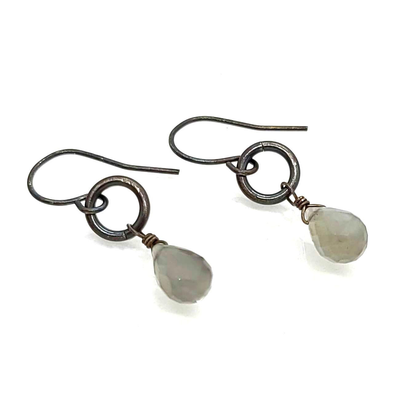 Earrings - Oxidized Silver Ring with Gray Moonstone Drops by Calliope Jewelry