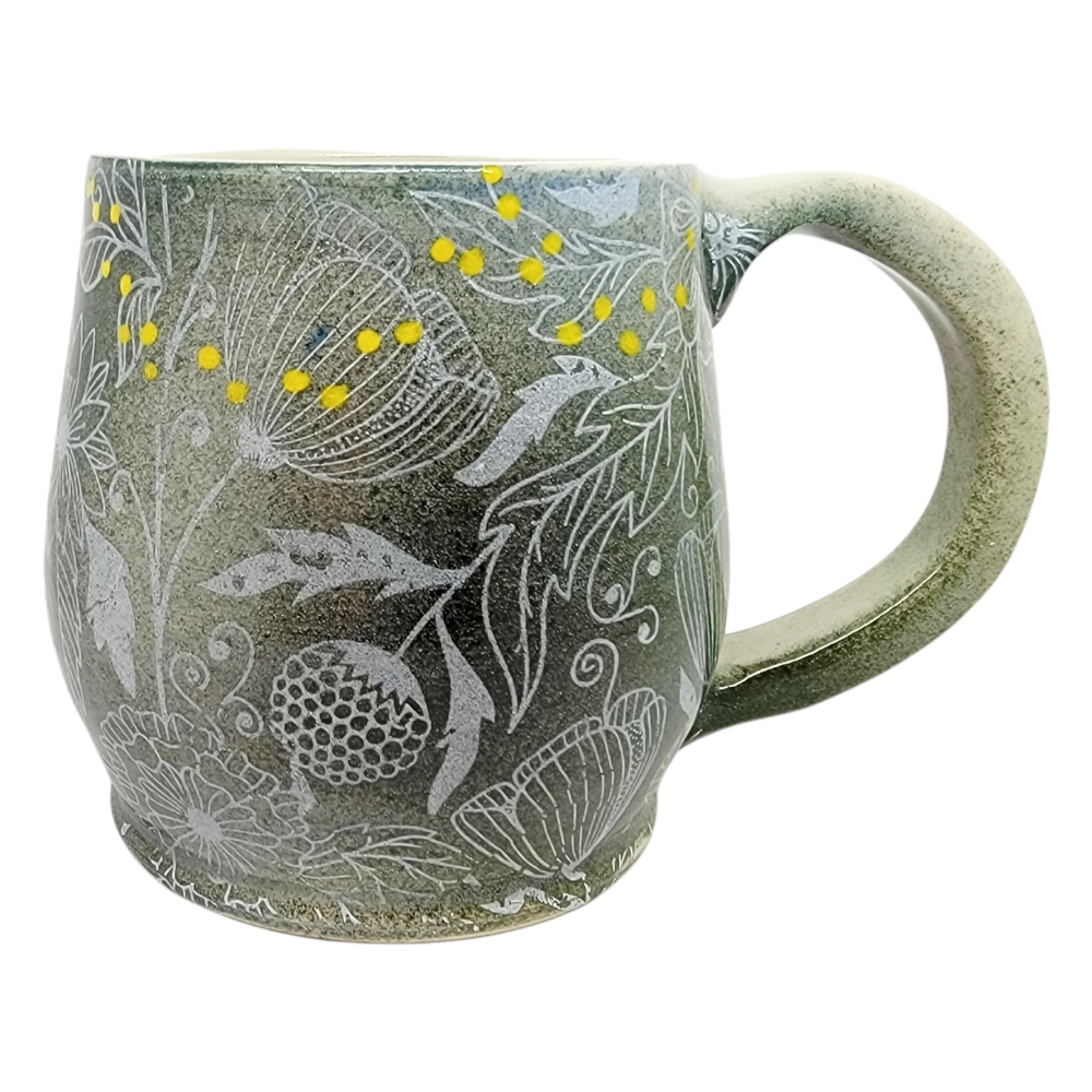Mug – Flowers on Green and Black with Yellow Dots (A) by Clay It Forward
