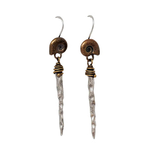 Earrings – Bronze Ammonite Drops with Sterling Silver Spike by Una Barrett