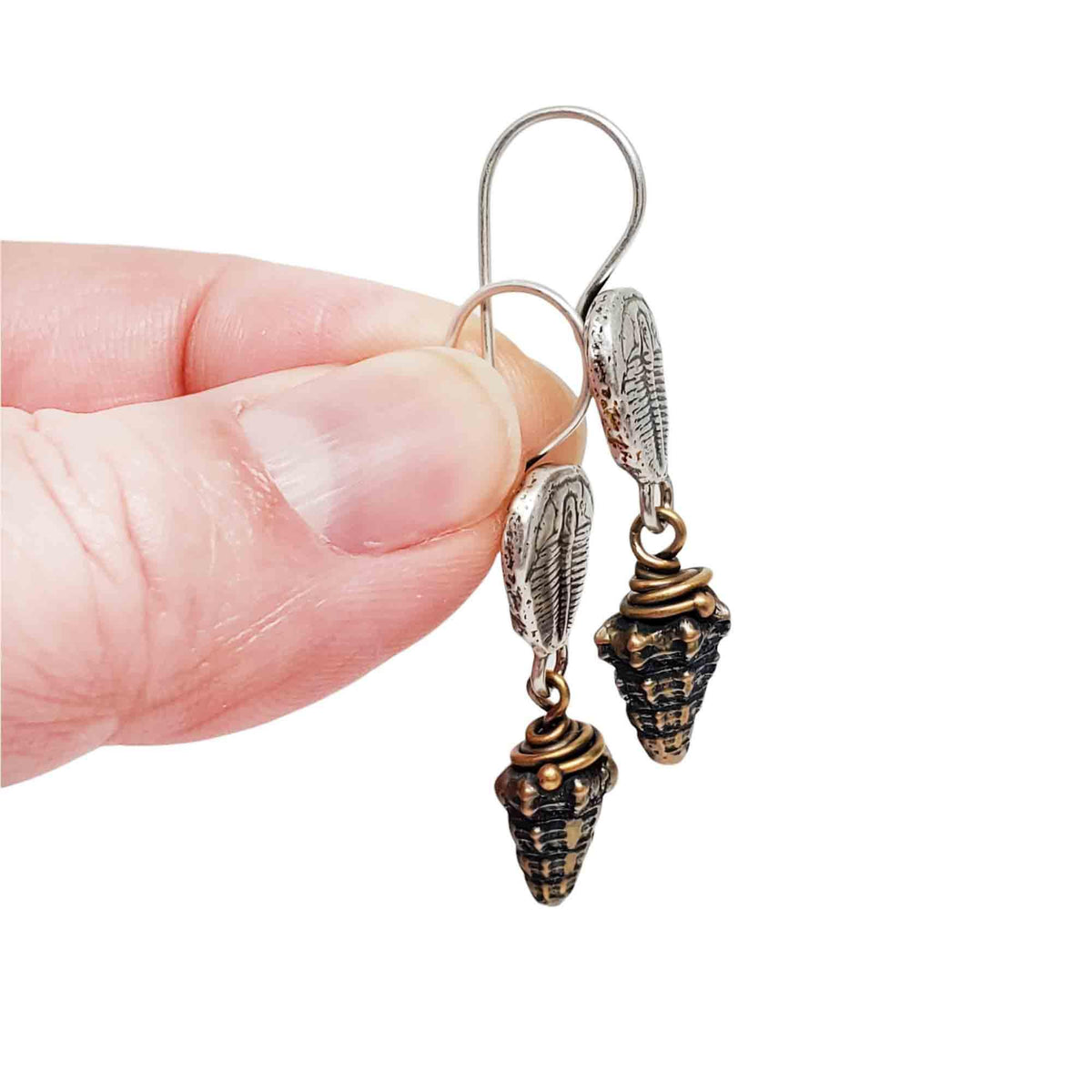Earrings – Sterling Silver Trilobite Drops with Bronze Shell by Una Barrett