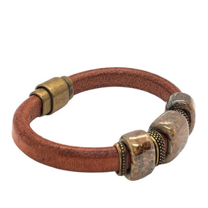 Bracelet - River Rock in Tobacco Leather with Brass and Ceramic by Diana Kauffman Designs