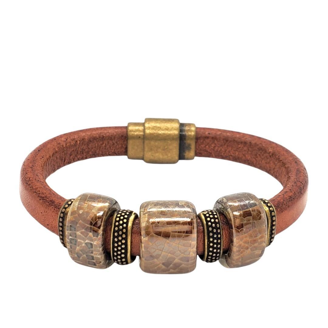 Bracelet - River Rock in Tobacco Leather with Brass and Ceramic by Diana Kauffman Designs