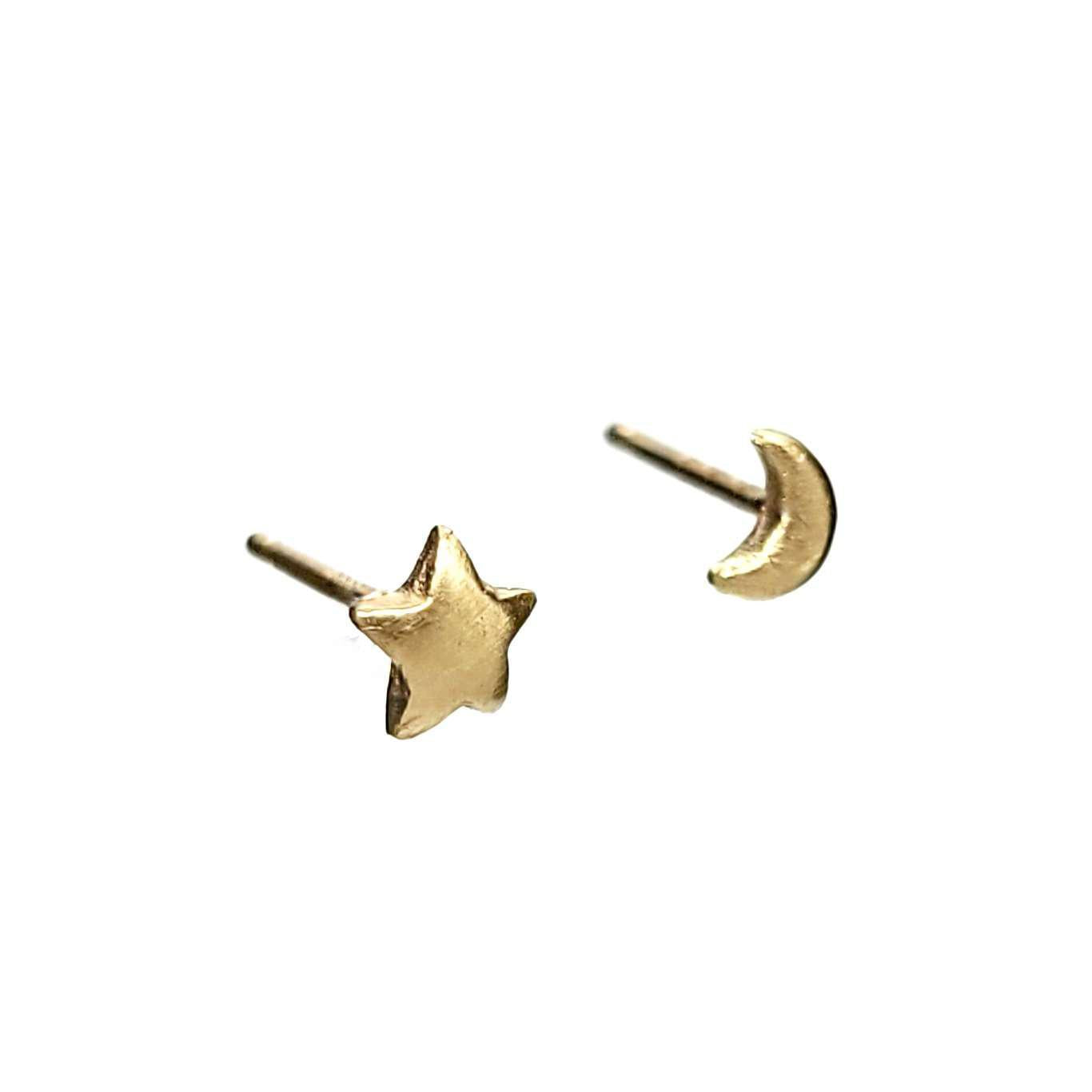 Earrings - Asymmetric Moon and Star Studs in 14k Yellow Gold by Michelle Chang