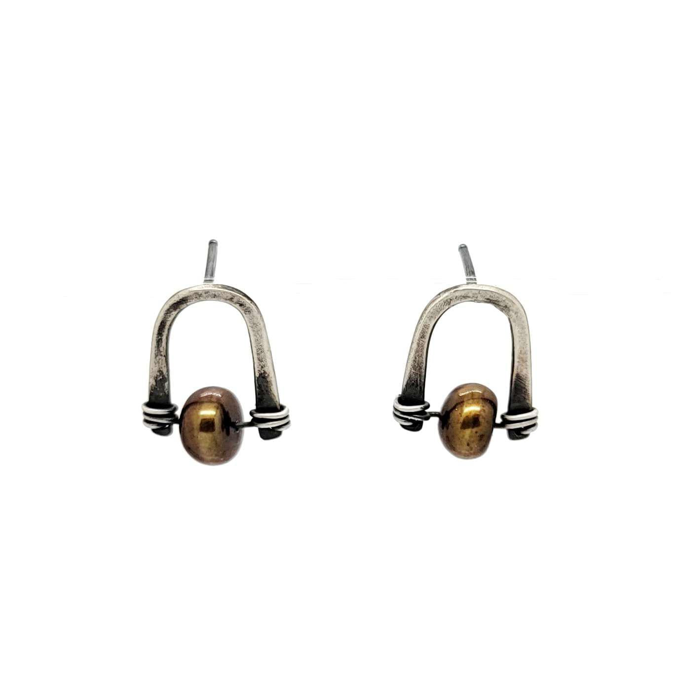 Earrings - Arc Bronze Pearl Studs (Sterling) by Three Flames Silverworks