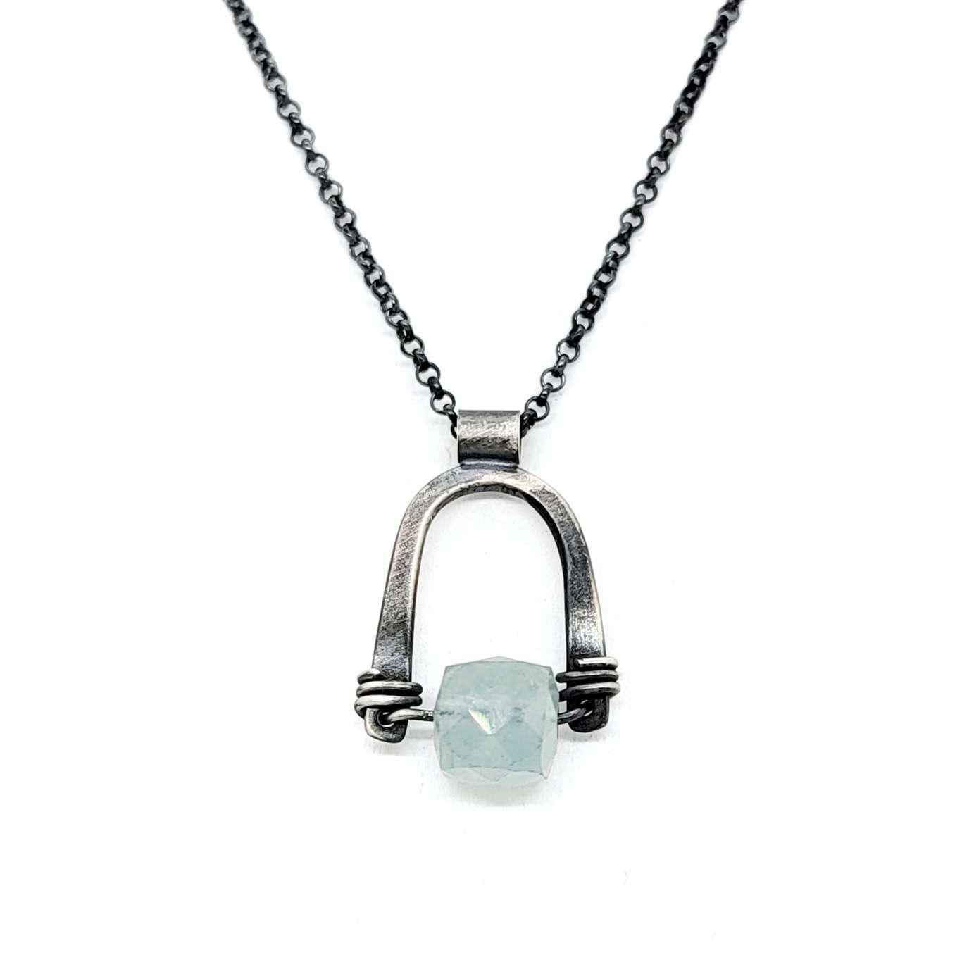 Necklace - Arc Aquamarine Pendant Sterling 18in Chain by Three Flames Silverworks