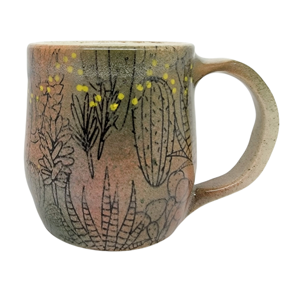 Mug – Cacti on Green and Pink with Yellow Dots by Clay It Forward