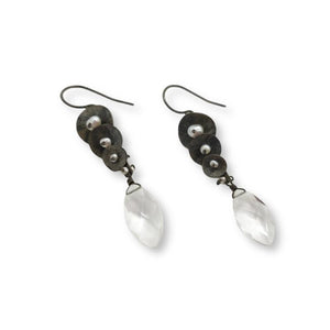 Earrings - Pearl and Silver Chip Bar with Quartz Drop by Calliope Jewelry