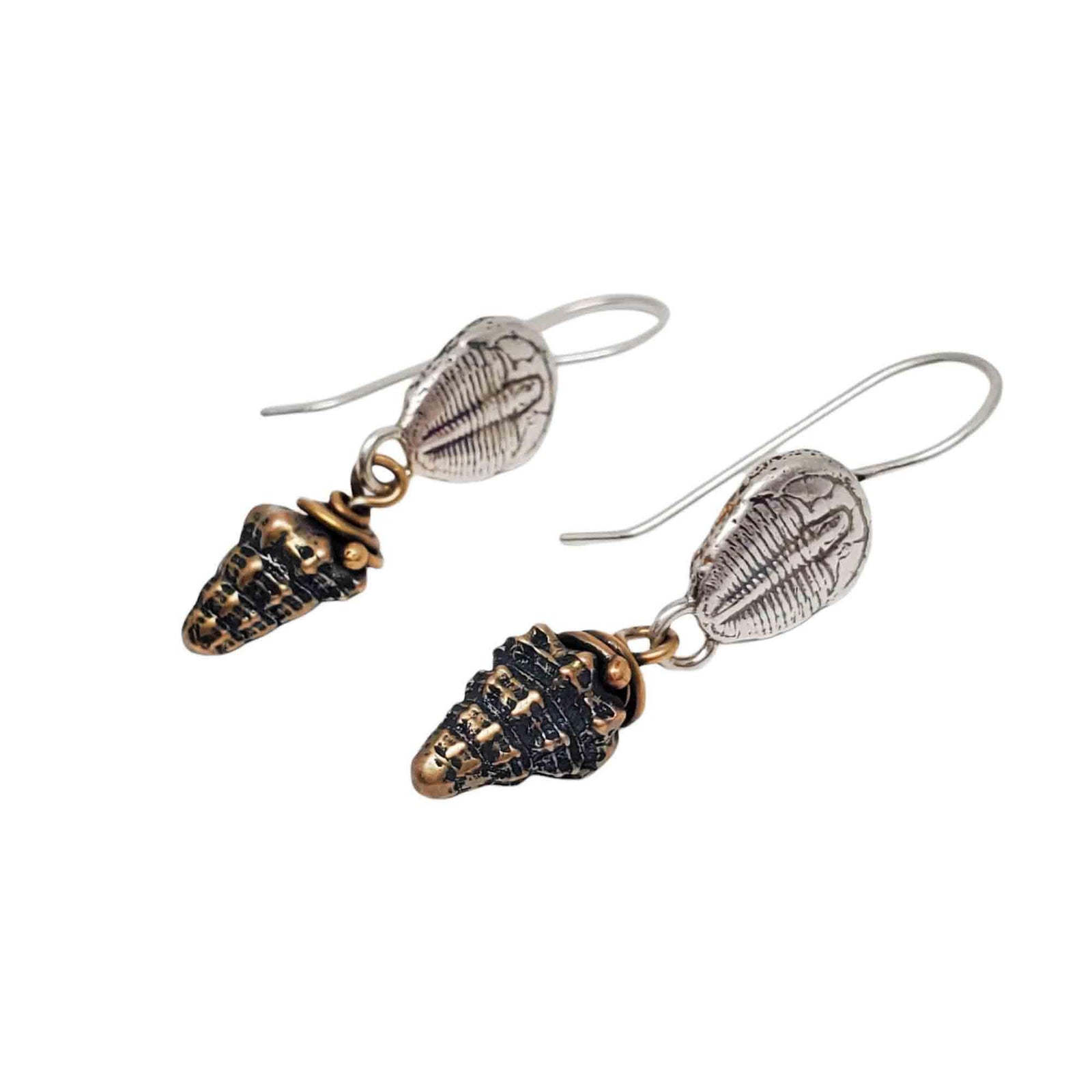 Earrings – Sterling Silver Trilobite Drops with Bronze Shell by Una Barrett
