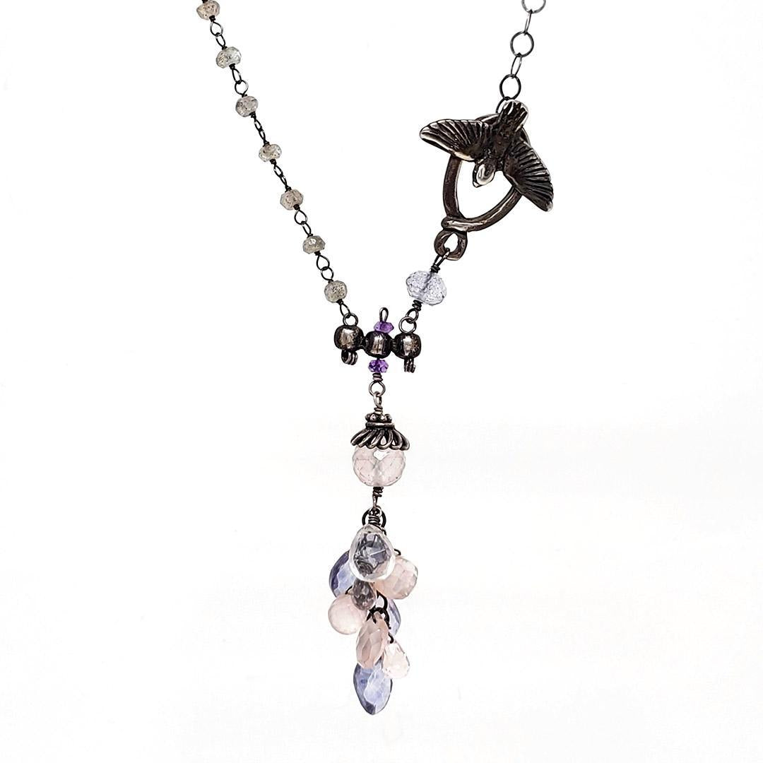 Necklace - Rose and Blue Quartz Cluster with Bird Toggle by Calliope Jewelry